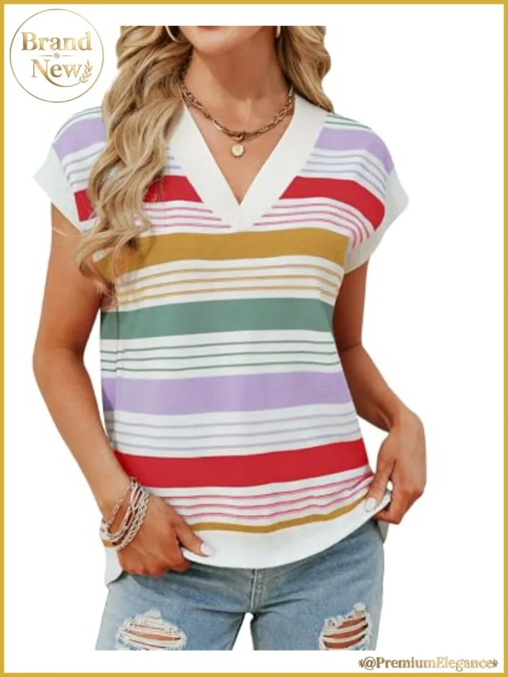 Women's Striped Color Block Cap Sleeve V Neck Knit Pullover Vest Top